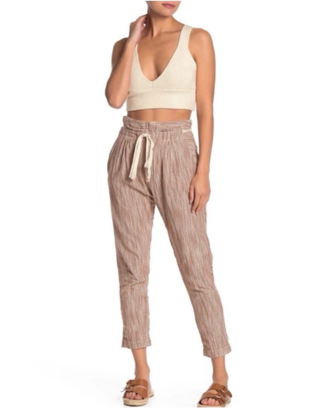 Free People Light As Sunrise Taper Pants  Boho Linen Blend Drawstring Size 0